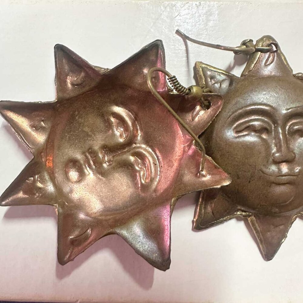 Vintage Large Copper Sun Face Earrings | Celestial Boho Statement